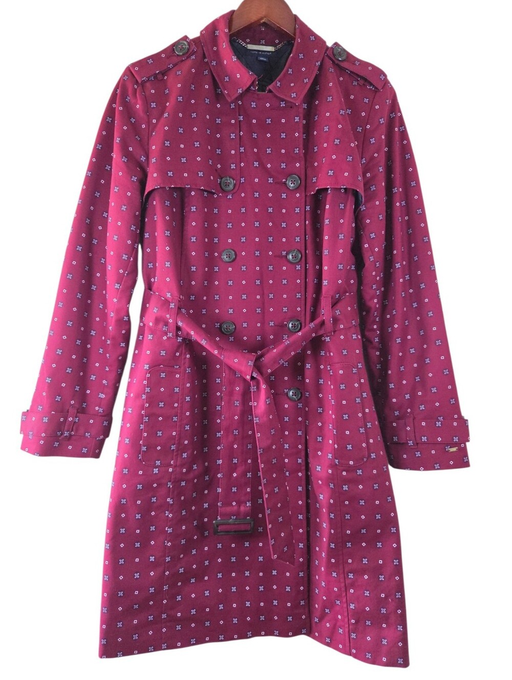 Tommy Hilfiger Women's Kate Printed Belted Trench Coat Vine Size Large Fall Boho